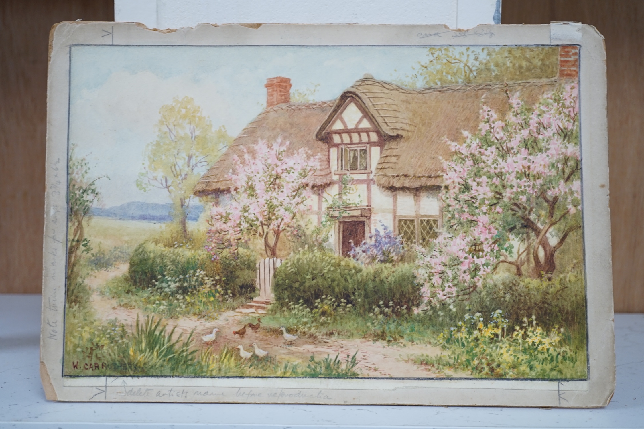 William Affleck (aka, William Carruthers, 1868-1943), four watercolours on card, ‘Springtime at Cropthorne, Worcestershire’, ‘Surrey cottage at Witley’, ‘Cottage at Welford-on-Avon, Warwickshire’ and ‘Stonewall Farm, Cha